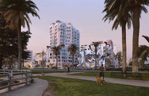 Image courtesy Gehry Partners LLP, via <a href="https://www.smgov.net/departments/pcd/agendas/Planning-Commission/2022/20220518/s20220518-09Aa.pdf">Santa Monica Planning Commission</a>. 