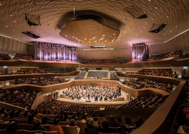 The 1981-seat Concert Hall is shaped like a stepped vineyard with a stage at its centre, with terraces at different floor heights encircle the podium. Image by Shawn Liu Studio.