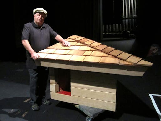 Jim Berger with the Frank Lloyd Wright-designed doghouse he constructed in 2010. Image: County of Marin