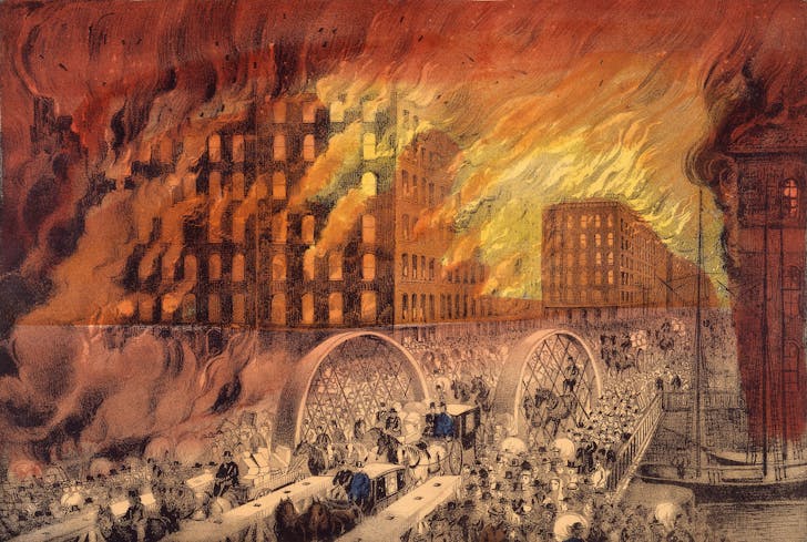 Currier & Ives lithograph depicting the dramatic scenes of the Great Chicago Fire from October 8–10, 1871. Source: Chicago Historical Society (ICHi-23436).