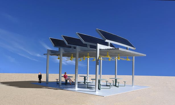 The Solar Ceiling Fan Pavilion that makes electricity from the sun, and powers the ceiling fans that provide a cool gathering place for the local community.