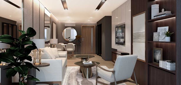 Garden City living room featuring compact luxury in condo design 