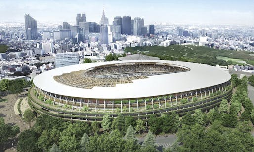 If the wrath of the Japanese architecture establishment doesn't sink Kengo Kuma's Olympic Stadium design, like it did with a certain previous proposal, this structure will be completed by November 2019. (Image via theguardian.com)