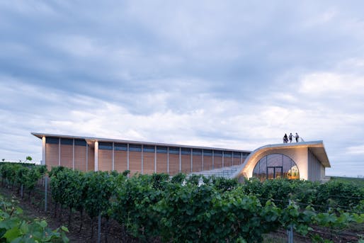 Exterior view of the Lahofer Winery, designed by CHYBIK + KRISTOF. All photography by Alex Shoots Buildings.