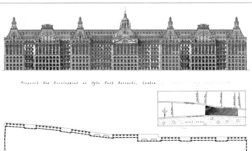 Quinlan and Francis Terry’s ‘groundscraper’ design for Hyde Park barracks as apartment blocks. (via theguardian.com; Image: Quinlan and Francis Terry)