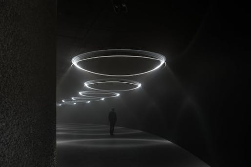 "Momentum," a light and sound show at The Curve, an art space at the Barbican Center in London. Galleries are creating unconventional spaces to showcase unusual exhibits. (NYT; Photo: James Medcraft/Barbican)