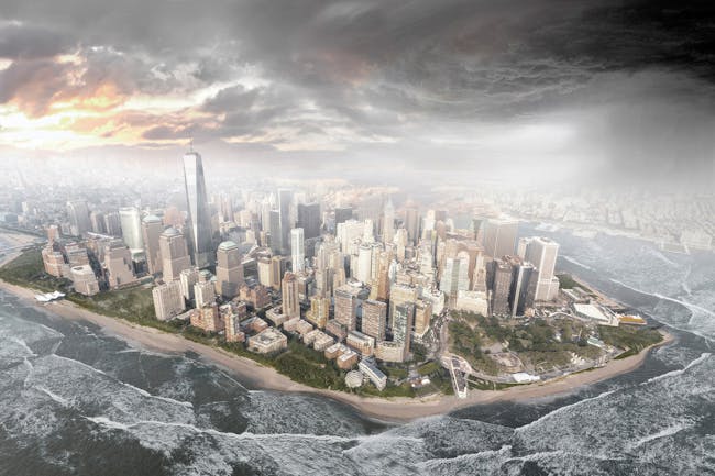 Aerial rendering of reconstituted ‘shoreline’ around lower Manhattan, The Mannahatta Project (Geofutures, 2015).