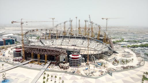 The Khalifa International Stadium in Doha during construction in June 2016. Photo courtesy of Flickr user <a href="https://www.flickr.com/photos/jbdodane/29662157586/in/photostream/">jbdodane</a> (CC BY-NC 2.0) 