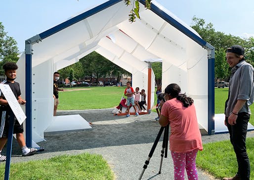 The CloudHouse Shade Structure, a temporary pavilion designed by Iman Fayyad in collaboration with the City of Cambridge, Mass. in 2021. Image courtesy Iman Fayyad