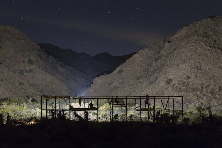'Extent': a hyper-programmed structure sits in the subtle landscape of Morongo Valley, California. Team lead by Kyle May, Architect. Photo by Daniel Schwartz.