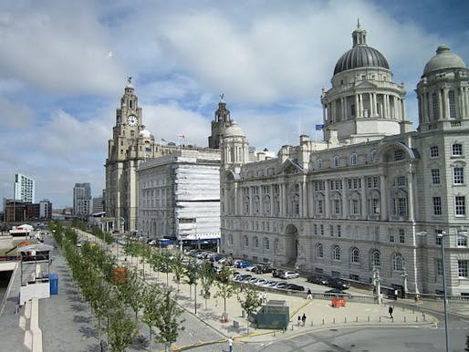 The Three Graces as seen from the Museum of Liverpool, Pier Head, Liverpool, England