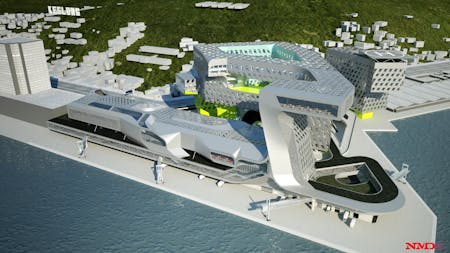 First Prize in the international competition for the New Harbor Service Building in Keelung, Taiwan: aerial view from the Northeast (Image: NMDA)