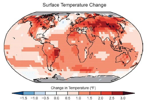 Surface temperature change in (in °F) for the period 1986-2015 relative to 1901-1960 from the NOAA National Centers for Environmental Information's surface temperature product. Illustration via the U.S. Global Change Research Program Climate Science Special Report final draft.
