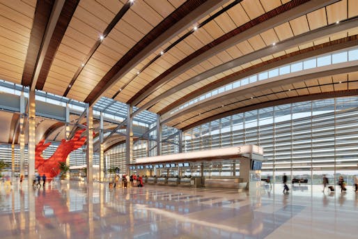 Interior view of <a href="https://archinect.com/Corgan/project/sacramento-international-airport-smf-central-terminal-b">Corgan's Central Terminal B at Sacramento International Airport</a> (Associate Architect: Fentress Architects). Image courtesy of Corgan.