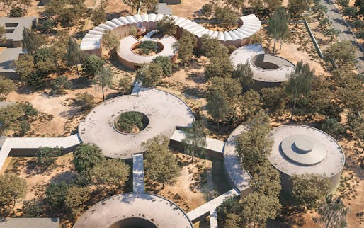 Aerial view of the hospital complex. Image by Play-Time, © Manuel Herz Architects.