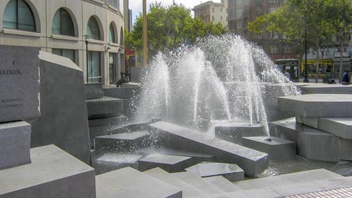 Photo of the United Nations Plaza in San Francisco's Civic Center district; The fountain is designed by Lawrence Halprin. Image courtesy of Charles Birnbaum / TCLF.
