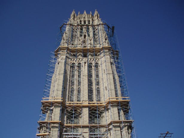 Pipe scaffolding around spire