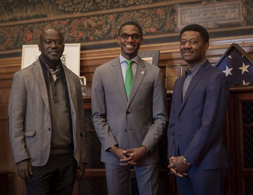 Architect David Adjaye, Cleveland Mayor Justin Bibb, and Bedrock CEO Kofi Bonner (from left). Image: Bedrock.