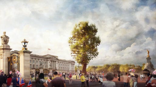 Heatherwick's “Tree Of Trees” sculpture proposal at Buckingham Palace for the occasion of the British Queen's Platinum Jubilee celebrations in June. Image courtesy Heatherwick Studio, visualization by PicturePlane.