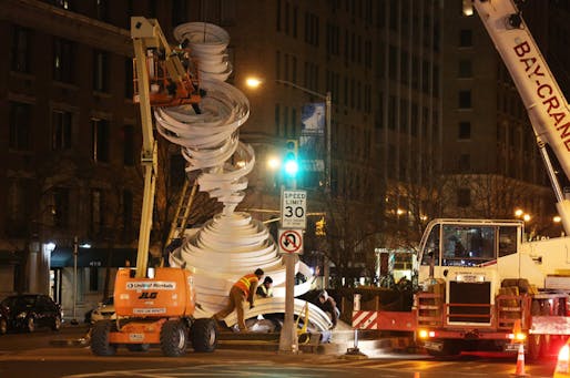 “Cyclone Twist,” an Alice Aycock art installation, being assembled along Park Avenue. (Credit: Richard Perry/The New York Times)