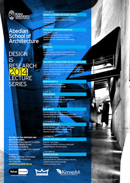 2014 Lecture Series at Bond University's Abedian School of Architecture. Image courtesy of Abedian School of Architecture.