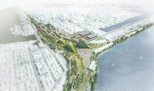 Aerial view of the competition-winning Kaohsiung Port Station concept by De Architekten Cie. (Image: De Architekten Cie.)