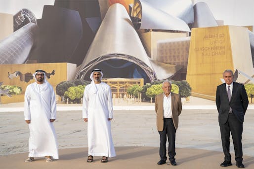 Sheikh Khaled bin Mohamed bin Zayed, second from left, architect Frank Gehry, second from right, and senior officials of DCT – Abu Dhabi and the Solomon R Guggenheim Foundation, at the Guggenheim Abu Dhabi museum site on Saadiyat Island. Photo: Abu Dhabi Media Office