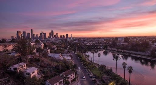 Echo Park Lake overlooking Downtown Los Angeles. (Wikipedia)