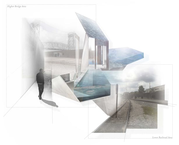 _Atmospheric Collage After visiting the site and analyzing both the site and program, we decided to create an image that embodied what we agreed were the most important features of the site and feeling we wanted to create with the program and how it engages the site. We were looking for a design that plays with natural light, views and connections, circulation, and program to create a building that remains sensitive to the site and creates a place with engaging spatial qualities.