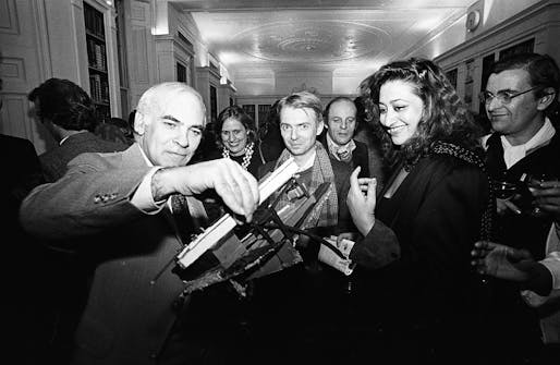 Zaha Hadid and colleagues at the Architectural Association in 1983. Photo via alainelkanninterviews.com.