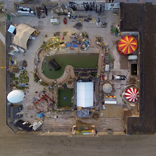 Aerial view of "Dismaland," the rumored Banksy pop-up show in the British seaside resort of Weston-Super-Mare. Photo: Iain Brimecome & Jon Goff, image via streetartnews.net.