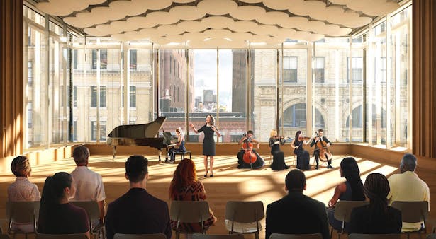 181 Mercer provides NYU with instruction and practice rooms for its music and performing arts programs, and the University’s first orchestral ensemble room. Illustration by Brooklyn Digital Foundry.