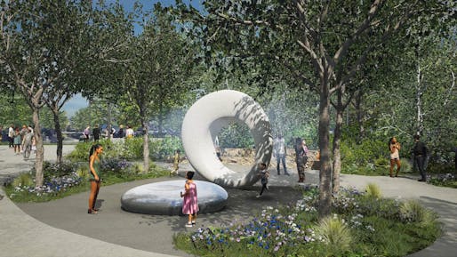 Obama Presidential Center's Ann Dunham Water Garden featuring "Seeing Through the Universe" sculpture by Maya Lin. Image render courtesy of the Obama Foundation.
