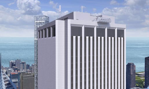 Rendering showing the proposed exterior elevator that will serve the Aon Center tower's new observation deck. Image courtesy of the Chicago Department of Planning and Development.