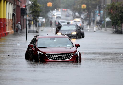A flooded New York City street following heavy rainfalls last Friday, September 29. Image courtesy Metropolitan Transportation Authority/<a href="https://www.flickr.com/photos/mtaphotos/53222725049/">Flickr</a> (CC BY 2.0 Deed)