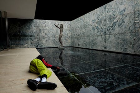 A fashion shoot styled by Virgil Abloh in the Barcelona Pavilion, by Mies van der Rohe. Photo by Fabien Montique.