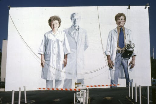 Muralist Kent Twitchell working on "Holy Trinity with the Virgin" on Wilshire Blvd in 1978. (Anne Laskey/Courtesy LA Public Library)