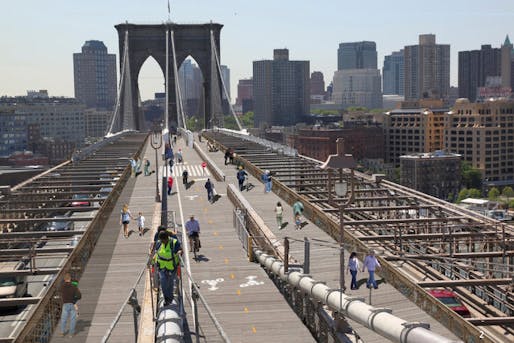 A rendering of one possibility to expand the bridge's pedestrian and bike lanes. Image: New York City Department of Transportation.