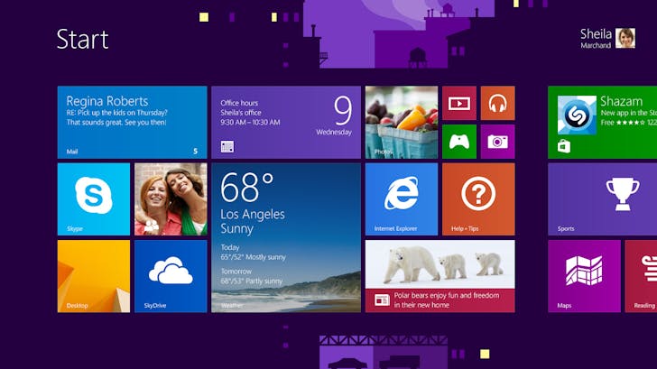 The Start screen is the place where Windows apps are launched. The animated city background is an homage to Moneta's architecture days and time in New York.