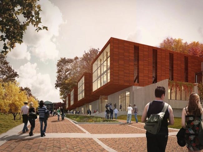 The proposal from the Collaborative of Toledo with Miller Hull of Seattle called for rectangular 'tubes' containing architecture studios, set atop a one-story rectangular base that parallels the new KSU Esplanade.