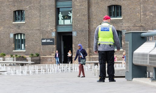 Pseudo-public space … a private security guard in Granary Square, King’s Cross. Photograph: Teri Pengilley for the Guardian