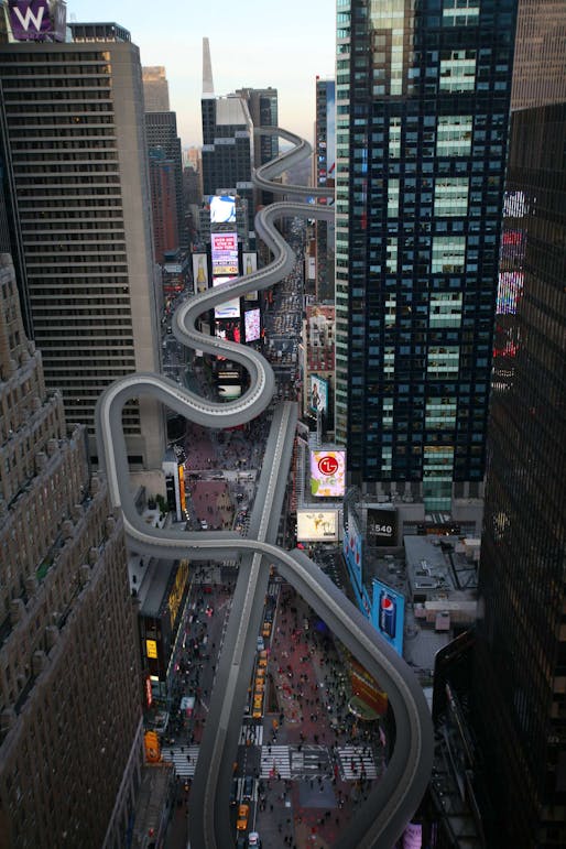 Luge, Bobsled and Skeleton: Racers might begin their starting sprints 40 stories up and several blocks north of Times Square for the run down the city’s own version of the Sanki Sliding Center’s track, finishing in a big turn on the plaza in front of the Armed Services Recruiting Center. Image via nytimes.