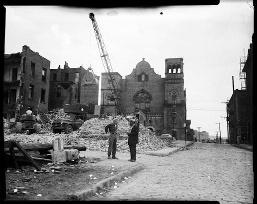 A demolition zone in the Hill District in Pittsburgh in 1957, in an area of historically African-American neighborhoods. (Charles 'Teenie' Harris/Carnegie Museum of Art, via Getty Images)