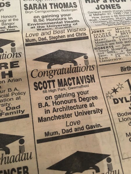 Proud parents announcing my degree in the local paper