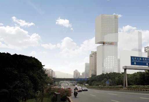 Highway view of the proposed Essence Financial Building in Shenzhen (Image courtesy of OMA)