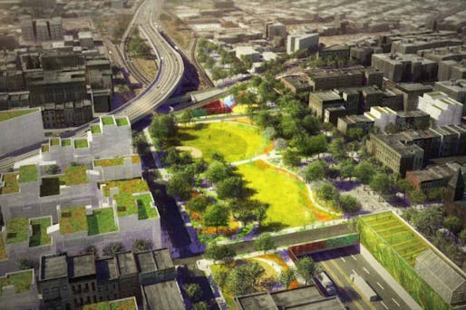 A rendering of the BQ Green in South Williamsburg, bridging together parts of the neighborhood now separated by the Brooklyn Queens Expressway. (dlandstudio)