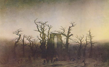 'The Abbey in the Oakwood' by Caspar David Friedrich, 1809–10, based on the ruined Eldena Abbey in Germany.