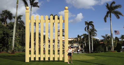 Border wall prototype at Mar-a-Lago (Mr. Trump in background).