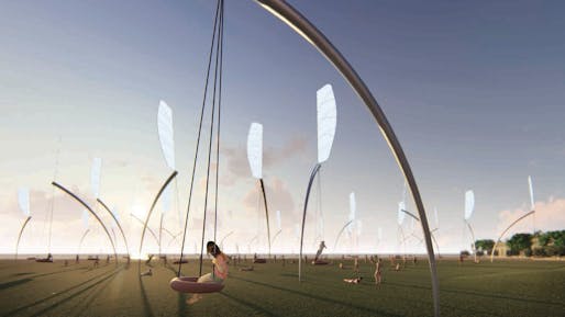 “Swings”. TEAM: Lu Chao, Weng Shenxia. ENERGY TECHNOLOGIES: thin-film photovoltaic, kinetic wind harvesting (with human assist). ANNUAL CAPACITY: 1,200 MWh. A submission to the 2018 Land Art Generator design competition for Melbourne.