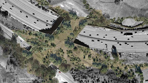 Rendering of the proposed landscaped bridge above the 101 Freeway near Liberty Canyon Road in Agoura Hills, CA. Image: Resource Conservation District, via LA Times.